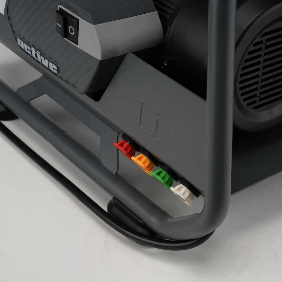 Close-up of the back panel of a projector showing a row of color-coded RCA jack inputs in red, white, green, blue, and orange for audio and video connections from an Active 2.3 Electric Pressure Washer by Active Products Inc.