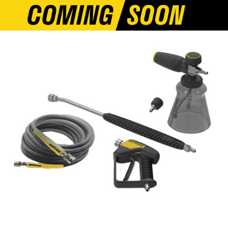 Advertisement image featuring the Active™ Premium Accessory Bundle from Active Products Inc. with a pressure washer, hoses, and other attachments. Overlay text reads "coming soon".