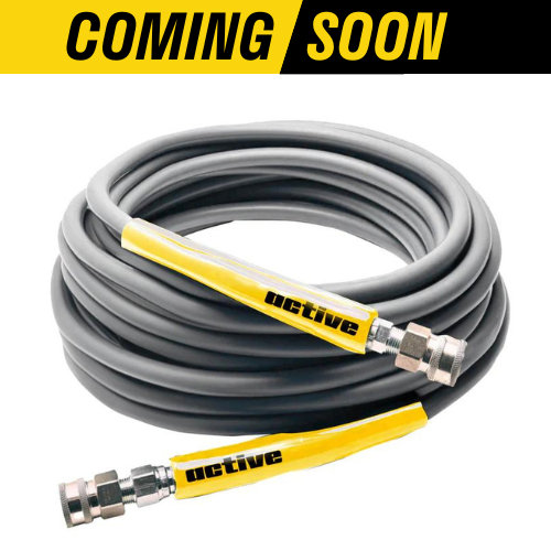 A coiled gray cable with yellow and black Active Products Inc. branding and steel braided construction, featuring metal connectors at the ends. The words "coming soon" are prominently displayed in yellow at the top.