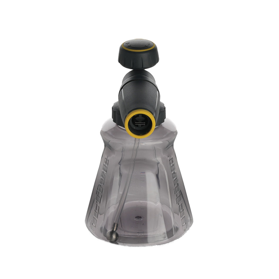 The Active™ Premium Pressure Washer Foam Cannon by Active Products 2.0 is a transparent plastic nozzle with a grey adjustable spray head and a yellow accent, designed for horticultural or gardening purposes. Ideal as part of your pressure washer accessories, it attaches easily to your water source for precise watering tasks.