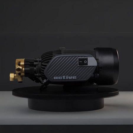 A black Active™ 2.3 Electric Pressure Washer motor on a rotating display stand, featuring a modern design with golden fittings, set against a grey background.