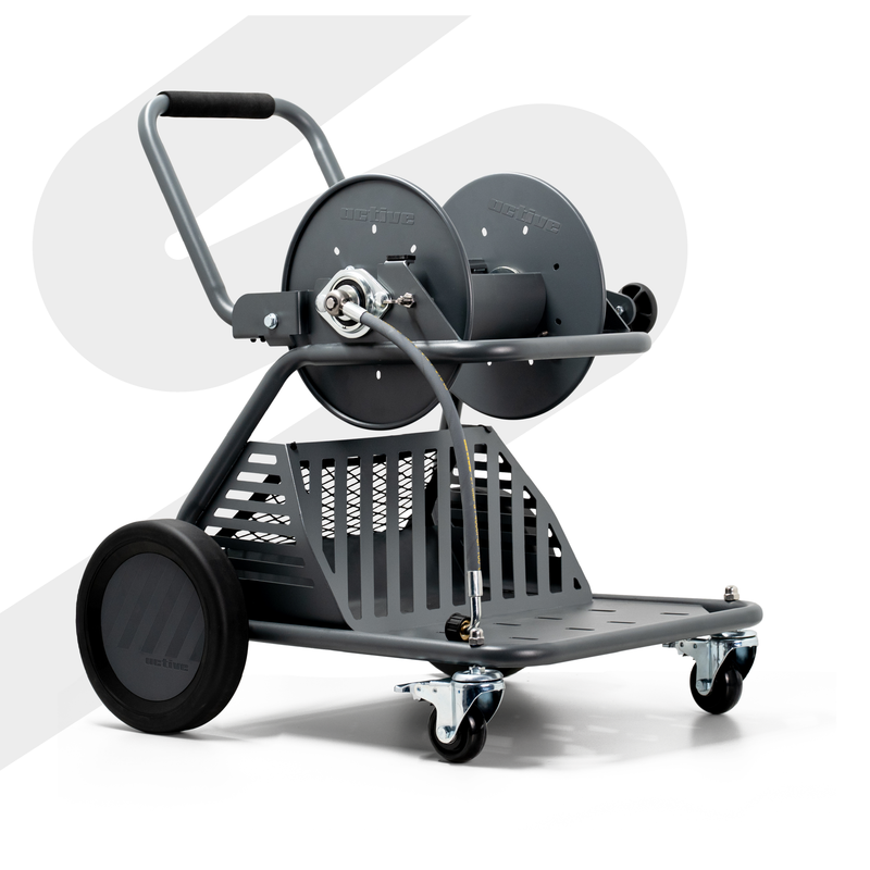 ACTIVE wash cart with integrated hose reel, large rear wheels, front locking casters, and pressure washer mounting platform.
