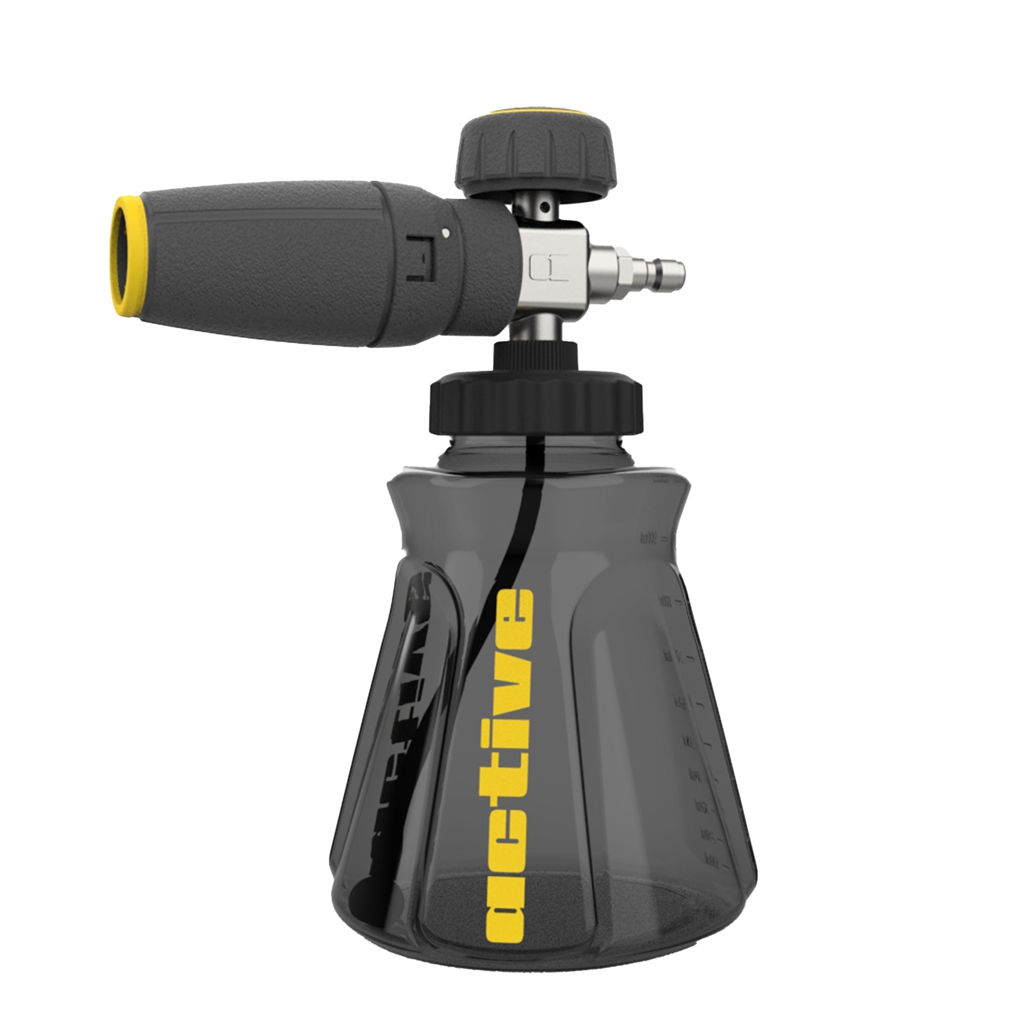 A black and yellow Active™ Premium Pressure Washer Foam Cannon hand-held gardening sprayer with measurement indicators on the translucent container and an adjustable nozzle.