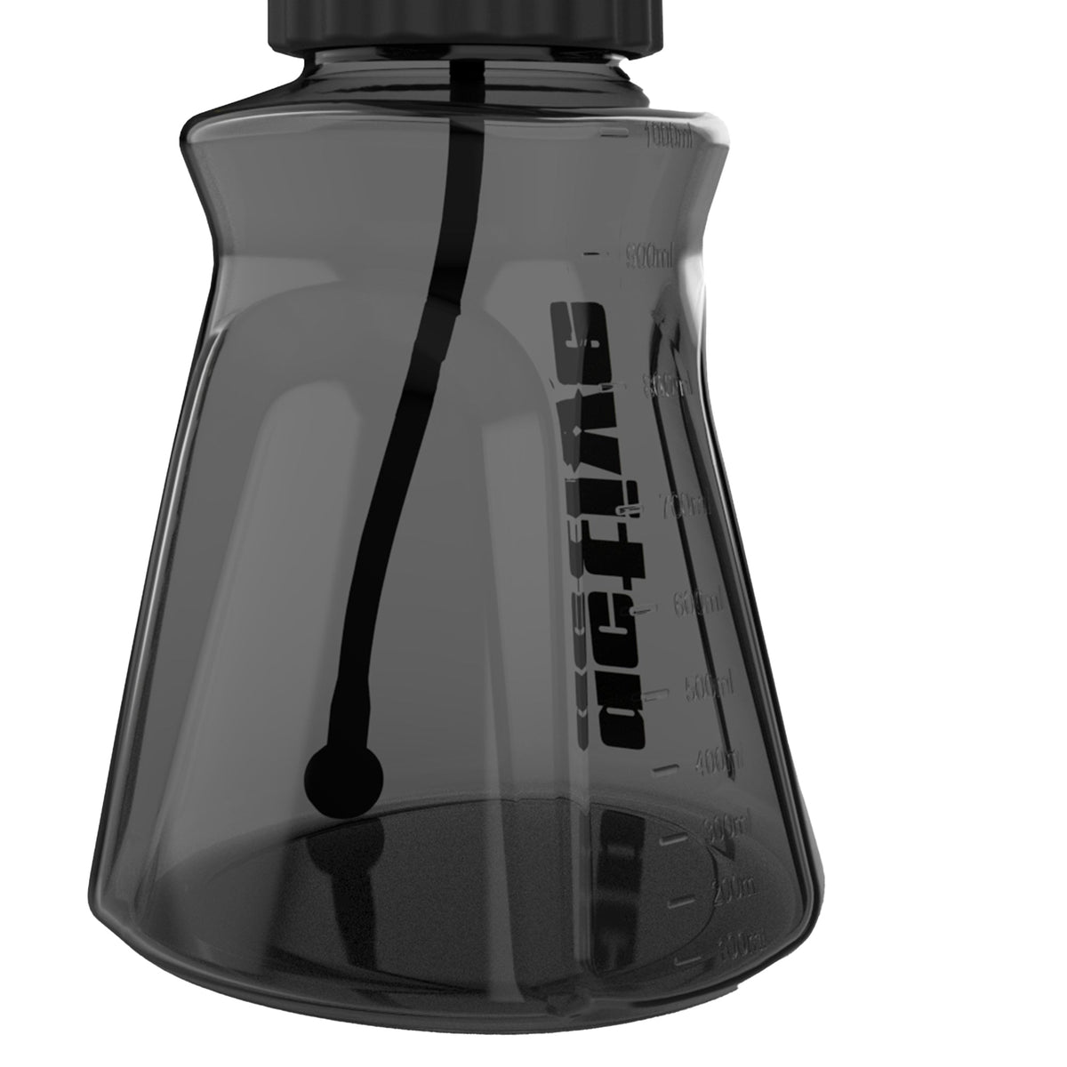 A transparent black glass coffee maker with a handle and volume measurement markings on the side, viewed from a slightly elevated angle, perfect for automotive detailing.