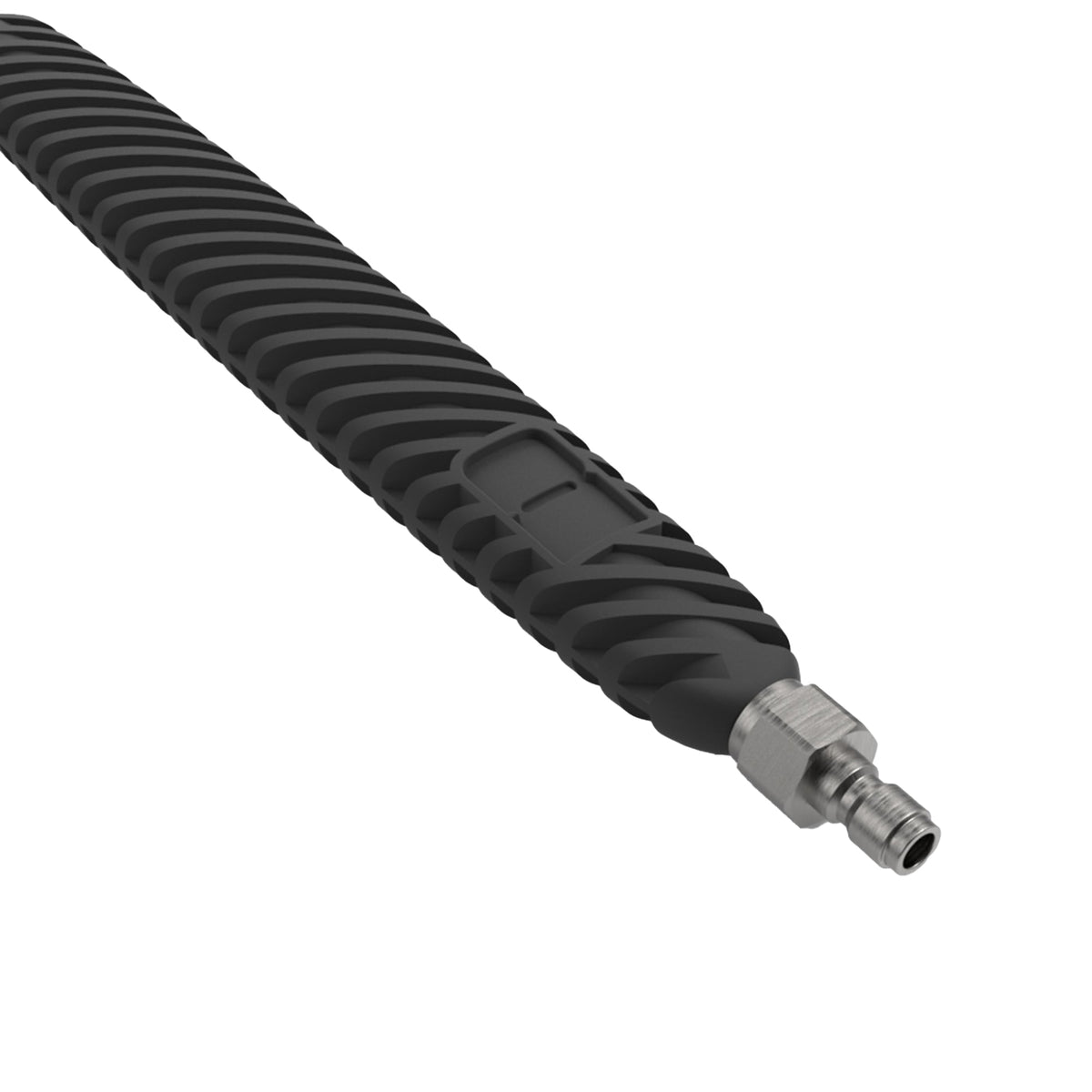 A close-up image of an Active™ Premium Pressure Washer Lance by Active Products Inc., featuring a black, ribbed, flexible hose with a 304 stainless steel connector at the end. The design suggests durability and flexibility, typical for industrial or mechanical uses.
