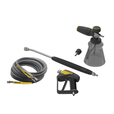 An Active™ Premium Accessory Bundle, including a black and yellow active swivel gun, flexible hose, additional spray nozzle, and a compressor with attached pressure gauge. (Brand Name: Active Products Inc.)