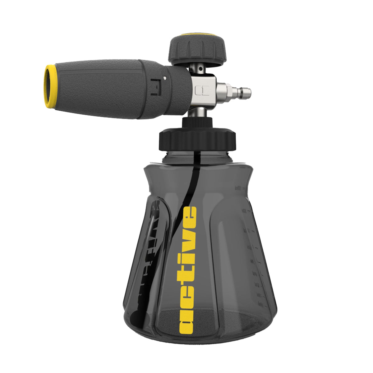 A handheld Active Foam Cannon by Active Products Inc. with a grey and black handle, a clear measurement-marked bottle, and a yellow label marked "active.