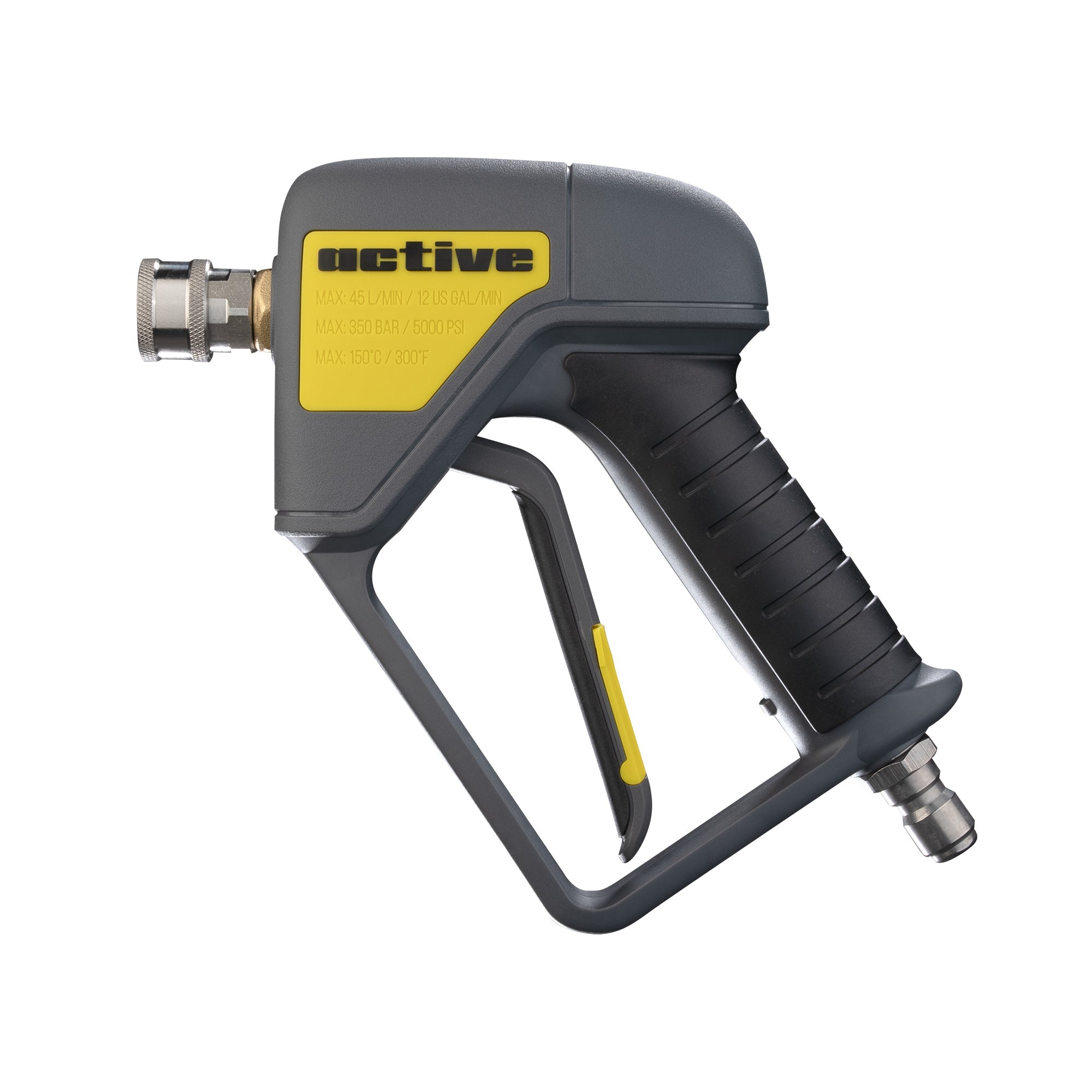 A professional high-pressure spray gun with a metallic nozzle and a black and gray handle marked with the brand name "Active Products Inc." Specifications are noted on the gun's body. This model is compatible as an Active Swivel Gun, enhancing maneuverability during use.