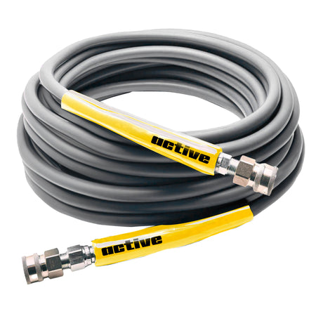 Coiled black coaxial cable with yellow protective covers and silver connectors labeled "Active" on a white background, featuring a flexible and durable hose design.