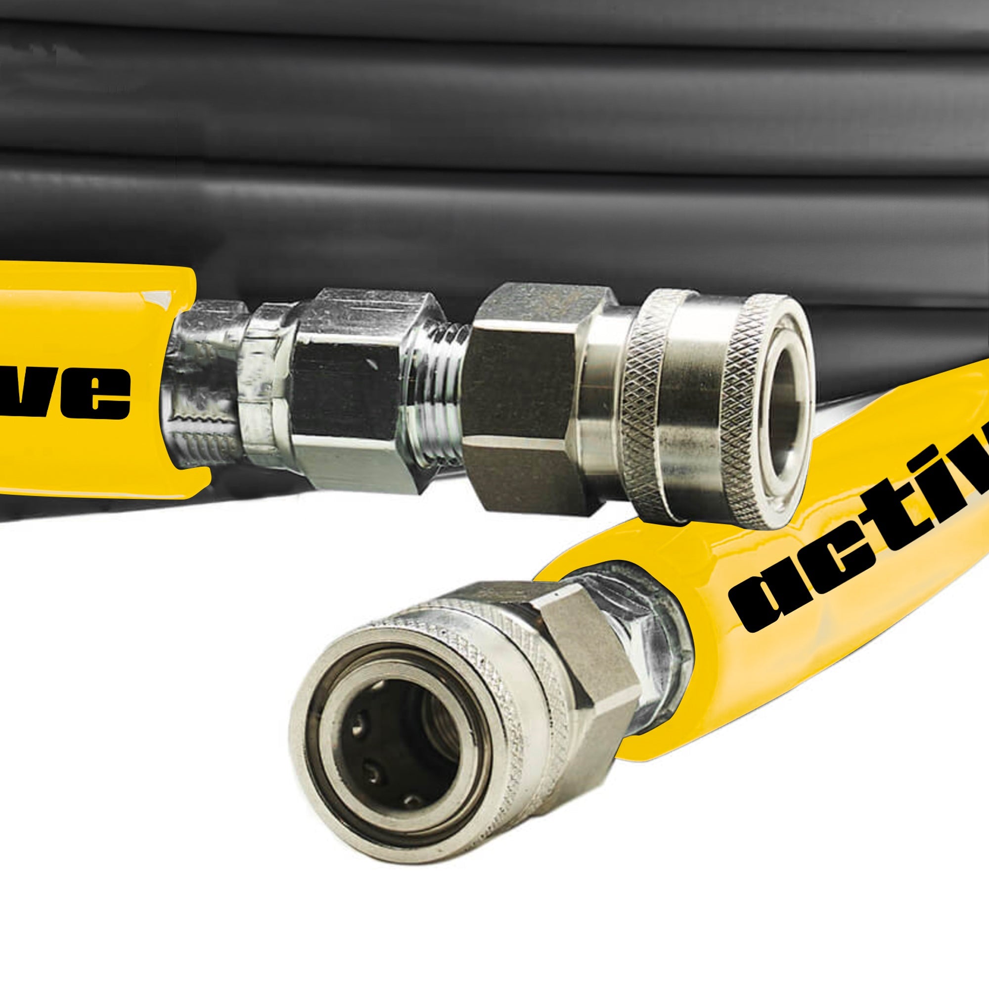 Close-up view of two Active™ 50’ Pressure Washer Extension Hoses with steel braided construction and metal connectors on a grey background.