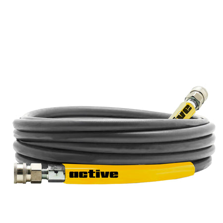 A coiled grey and yellow Active™ 50’ Pressure Washer Extension Hose – 5/16.