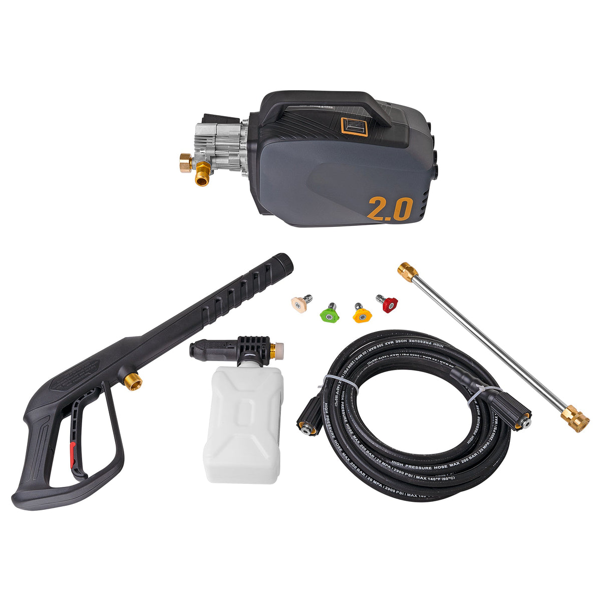 Active 2.0 pressure washer and its accesories such as foam cannon, hose and lance
